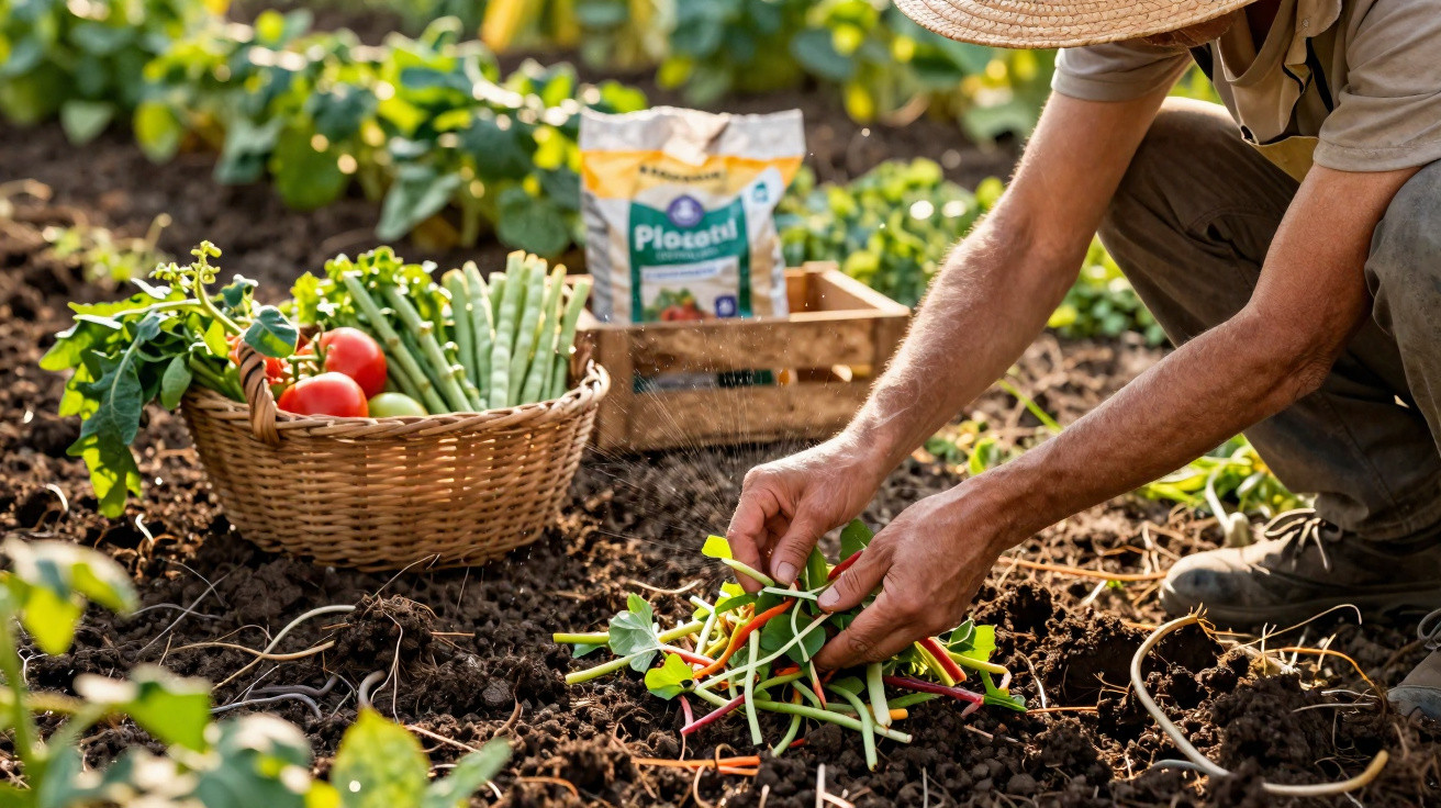 Pessoa colhendo vegetais frescos na horta com cesta de tomates e feijão ao lado e saco de fertilizante ao fundo.