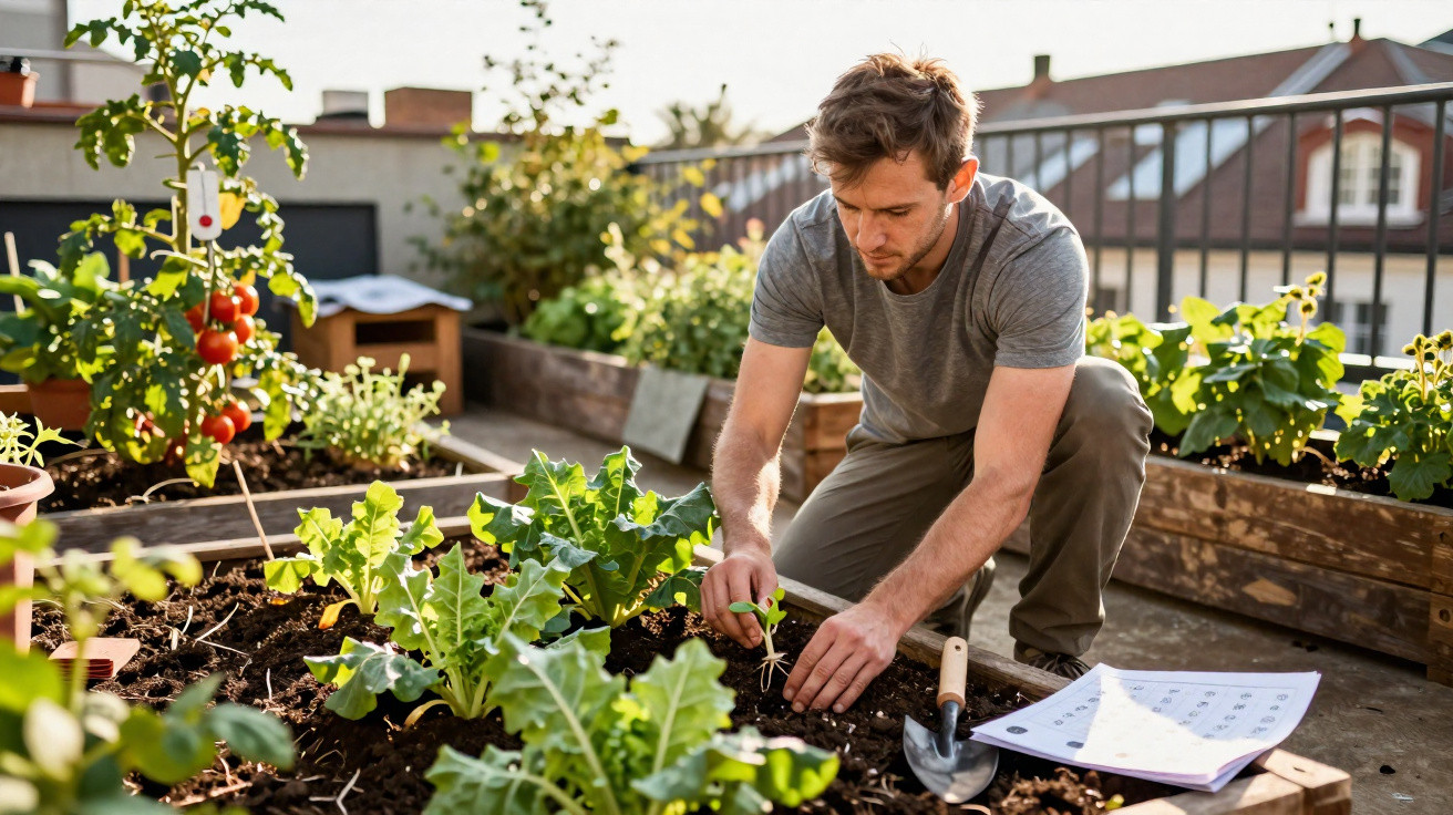 Homem cuidando de plantas em jardim urbano com hortaliças e tomates maduros ao sol.