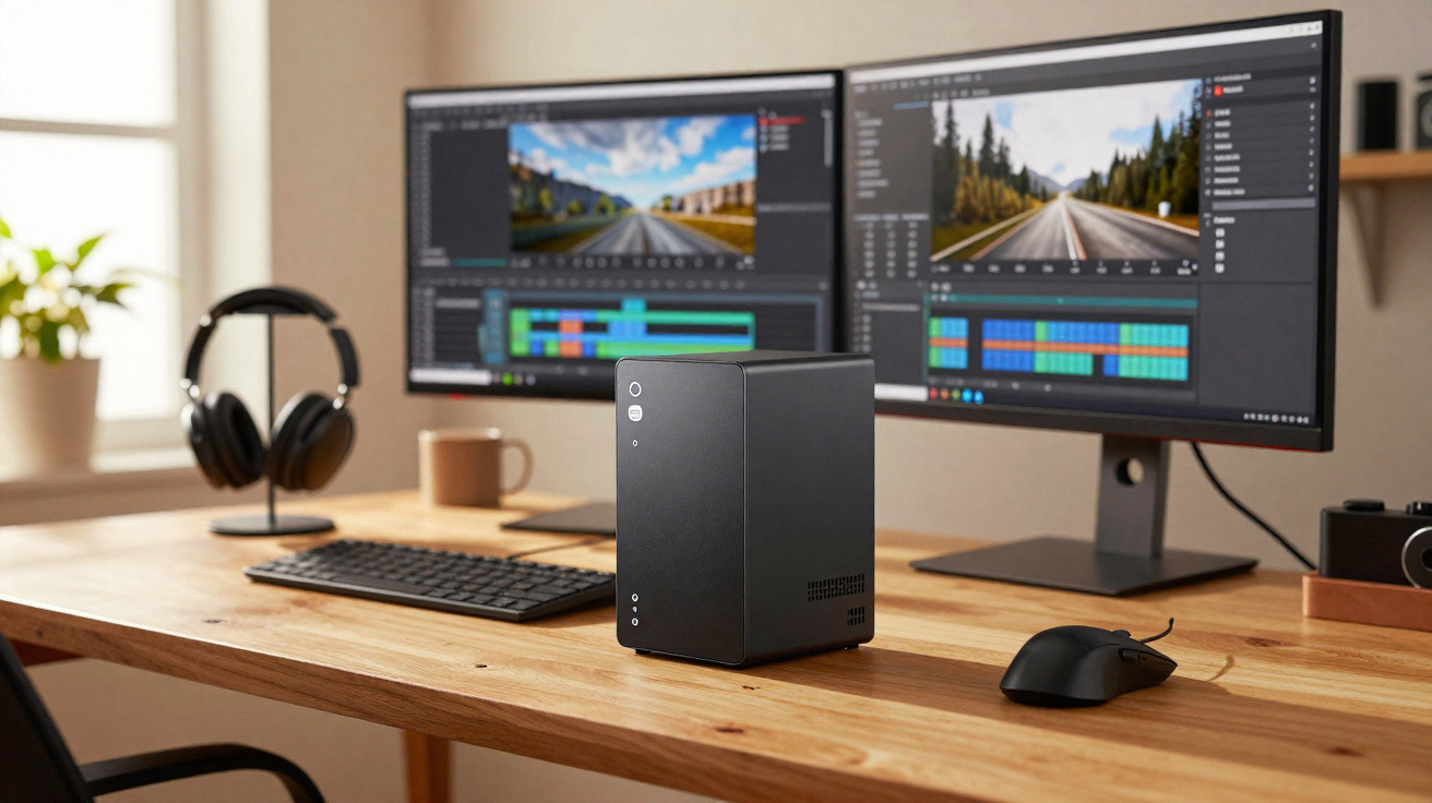 Mesa de trabalho com desktop compacto, dois monitores editando vídeo, teclado, mouse e fones de ouvido.