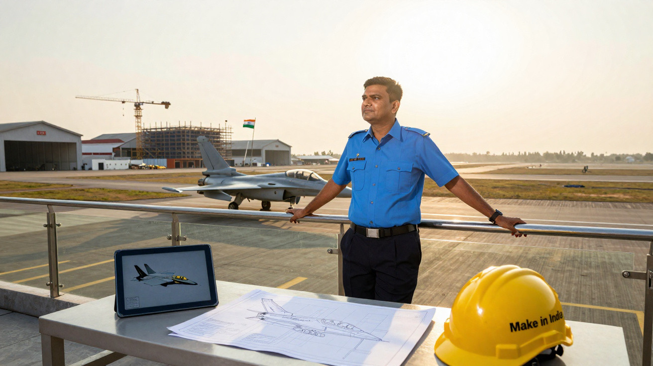 Homem em uniforme azul observa hangar de aviões com capacete amarelo e planta de aeronave em mesa ao ar livre.