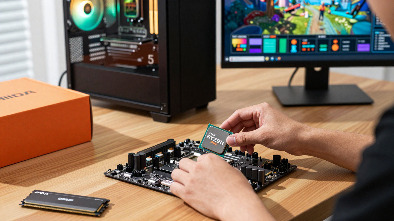 Pessoa instalando processador AMD Ryzen em placa-mãe sobre mesa com PC montado e monitor ligado ao fundo.