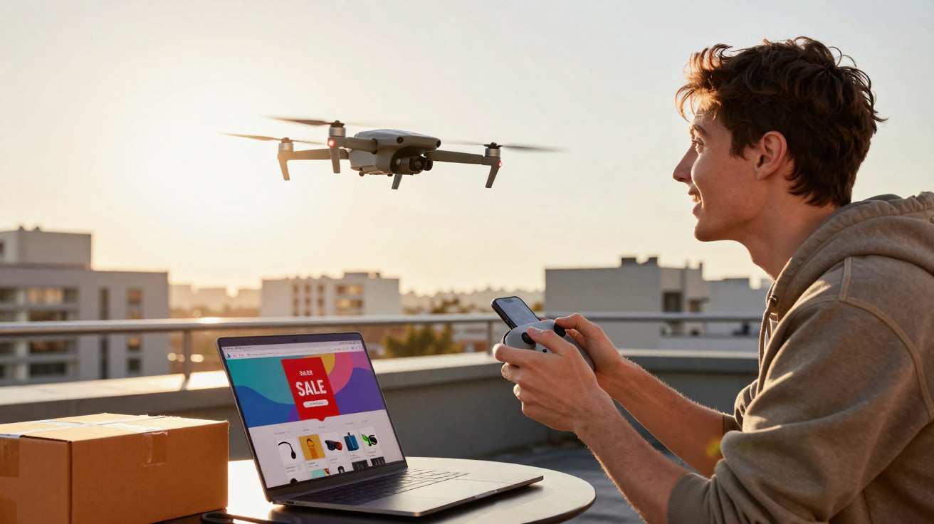 Jovem controla drone com controle remoto em varanda com laptop e caixa ao pôr do sol.