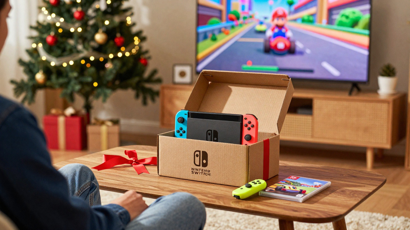 Pessoa sentada em frente a Nintendo Switch aberta sobre mesa com jogo Mario Kart na TV e árvore de Natal ao fundo.