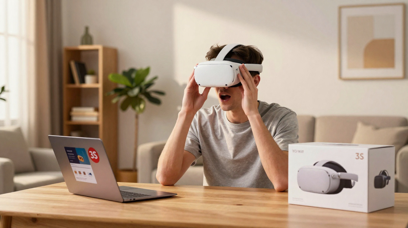 Homem usando óculos de realidade virtual sentado à mesa com laptop e caixa do equipamento ao lado.