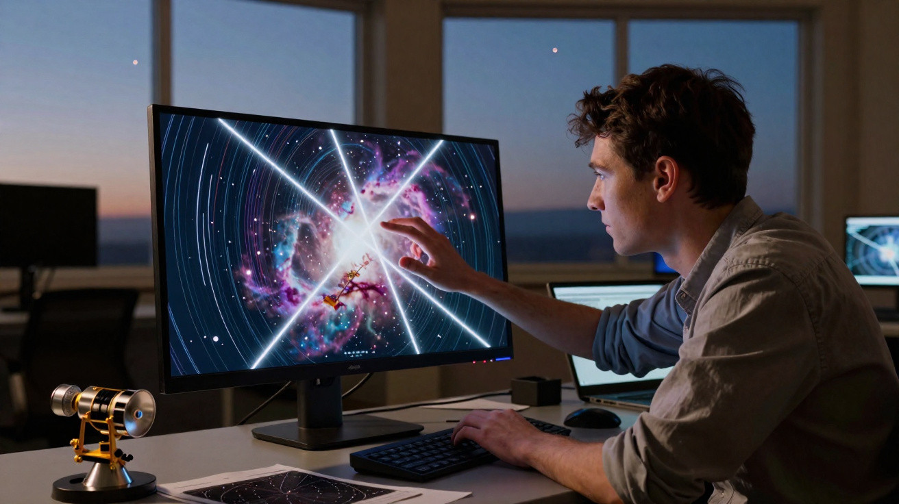 Homem analisando imagem de nebulosa colorida com linhas brilhantes em monitor de computador à noite.