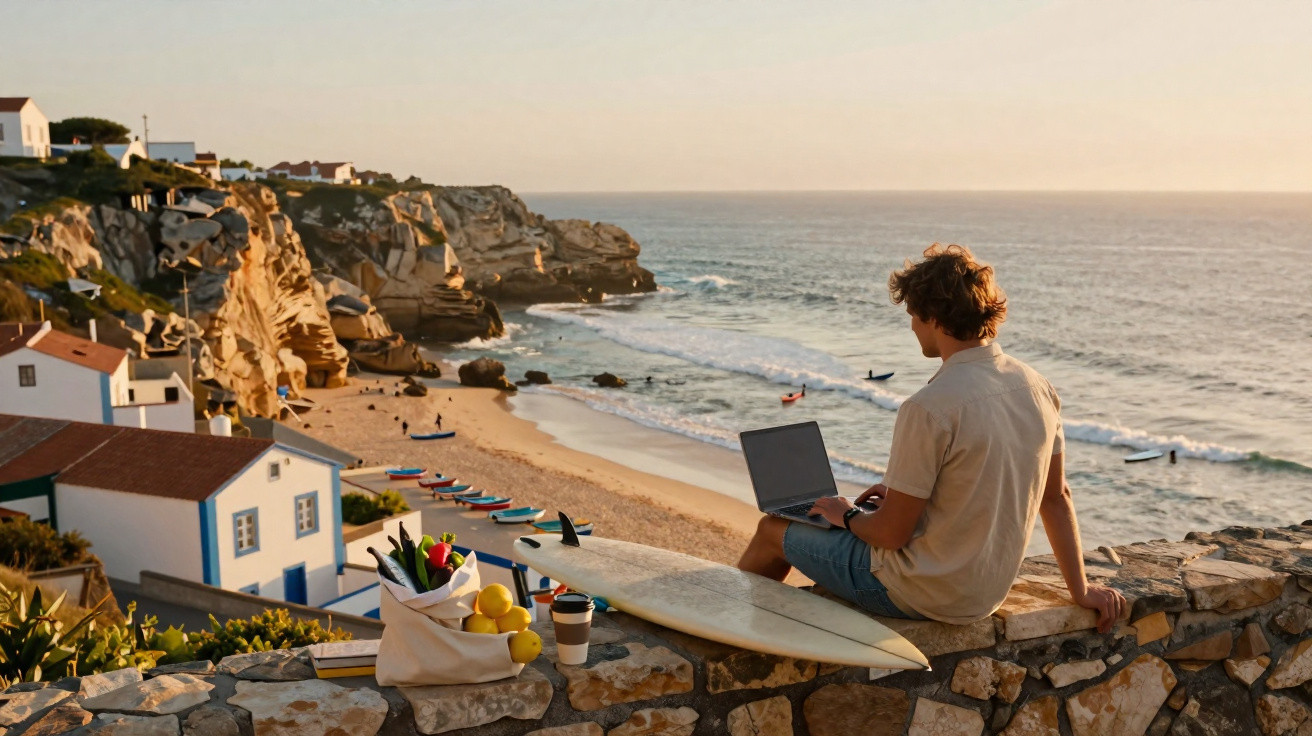 Homem sentado em muro com prancha, laptop e sacola de frutas, com vista para praia e mar ao pôr do sol.