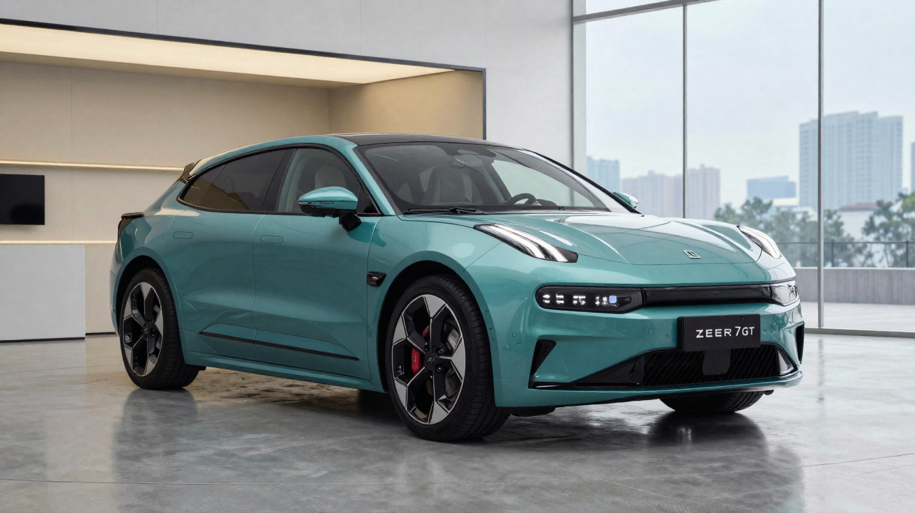 Carro elétrico Zeekr 7GT verde em exibição em ambiente interno moderno com piso de concreto polido.