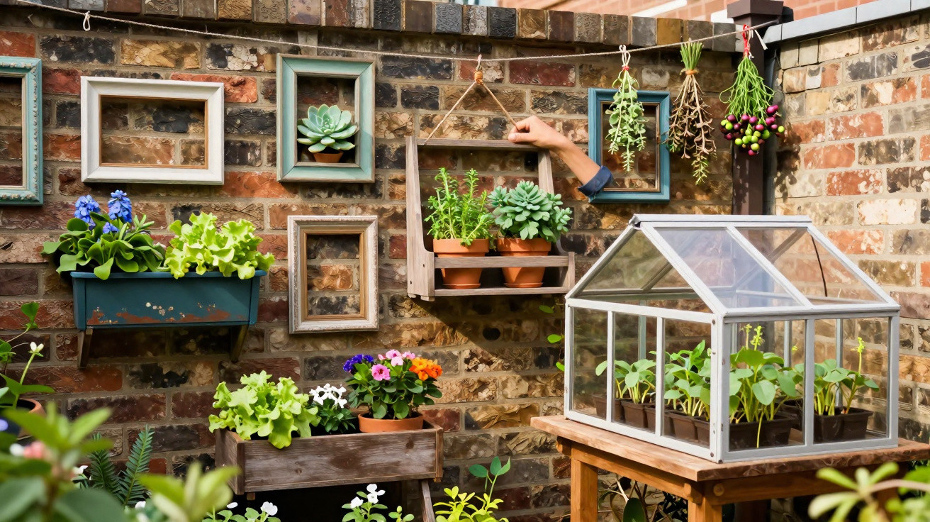 Jardim com plantas em vasos, floreiras, quadros vazios e estufa pequena em parede de tijolos.