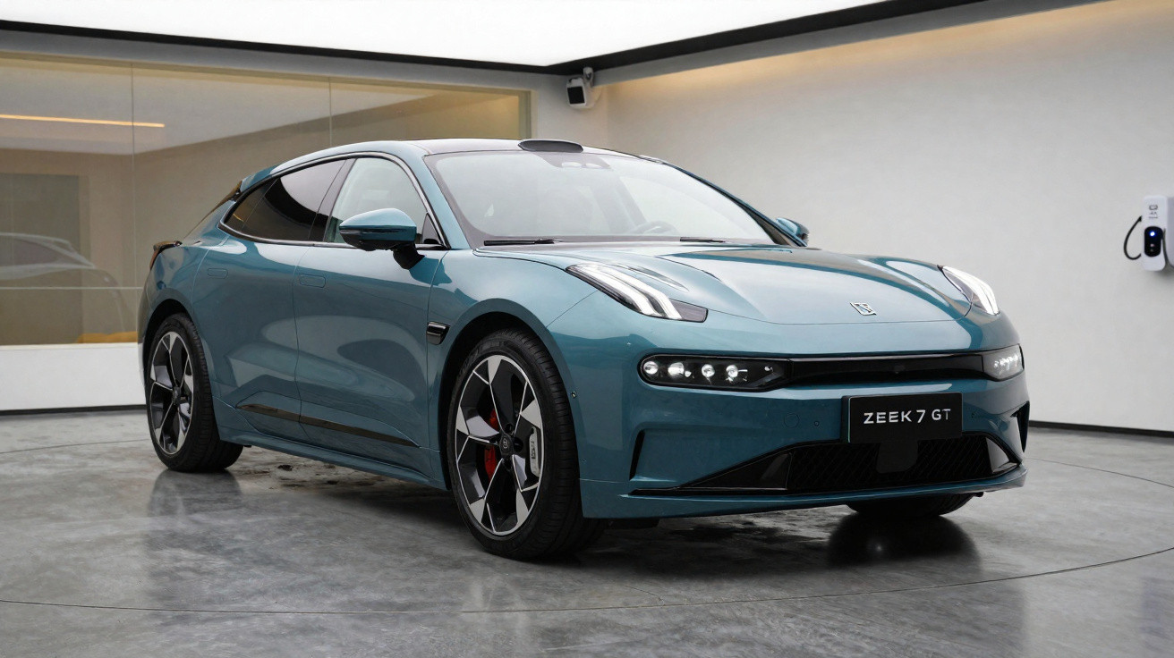 Carro elétrico Zeekr 7 GT azul exibido em showroom com carregador na parede ao fundo.