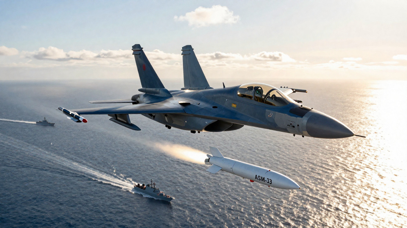 Caça militar lançando mísseis sobre o mar com dois navios de guerra ao fundo ao pôr do sol.