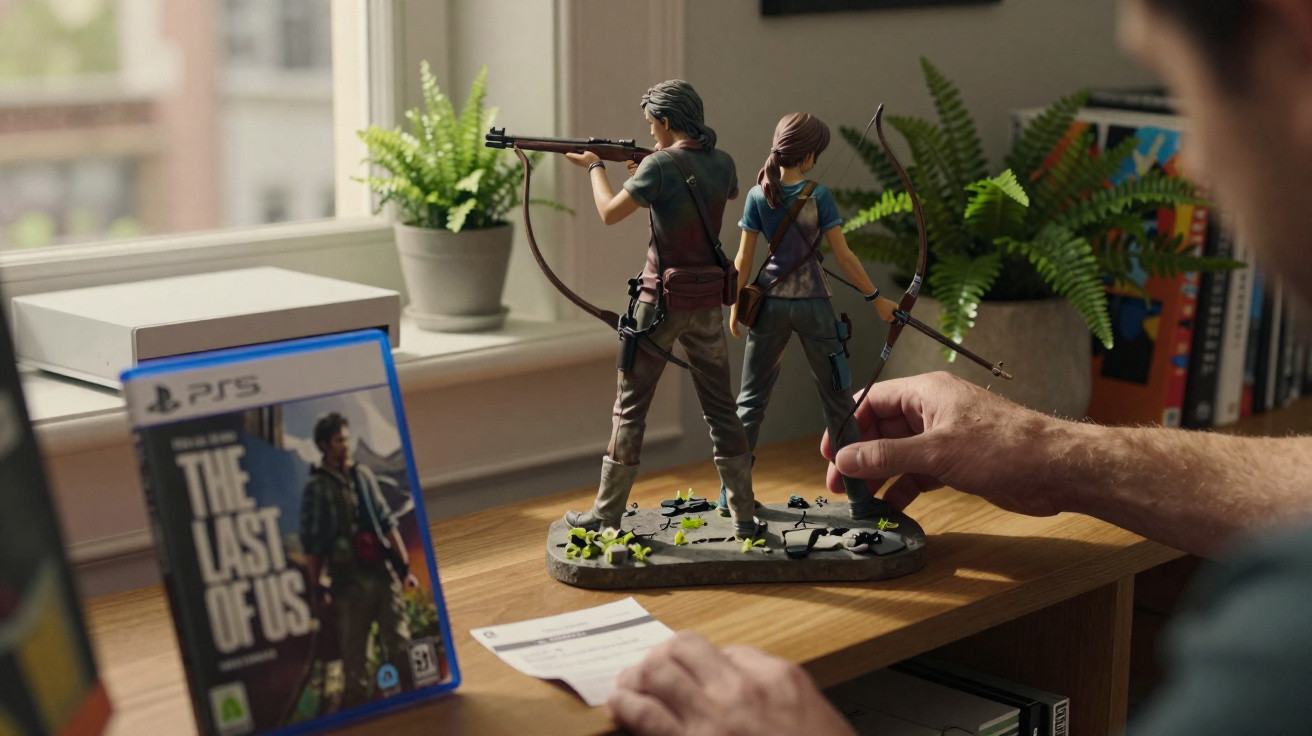 Homem ajusta estátua do jogo The Last of Us com jogo e plantas ao fundo, em mesa perto da janela.