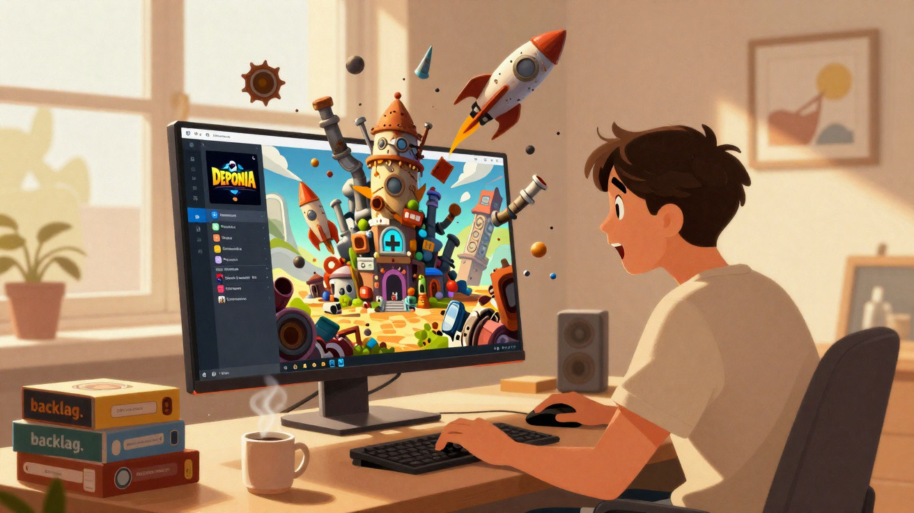Jovem jogando game no computador, com elementos coloridos saindo da tela em um ambiente iluminado.