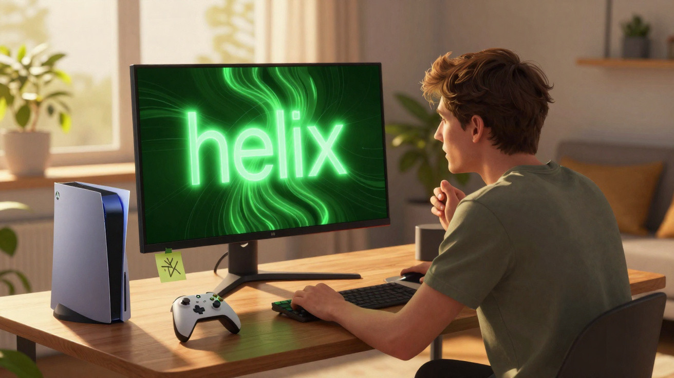 Jovem sentado em mesa usando controle e olhando para tela com a palavra "helix" em verde neon.