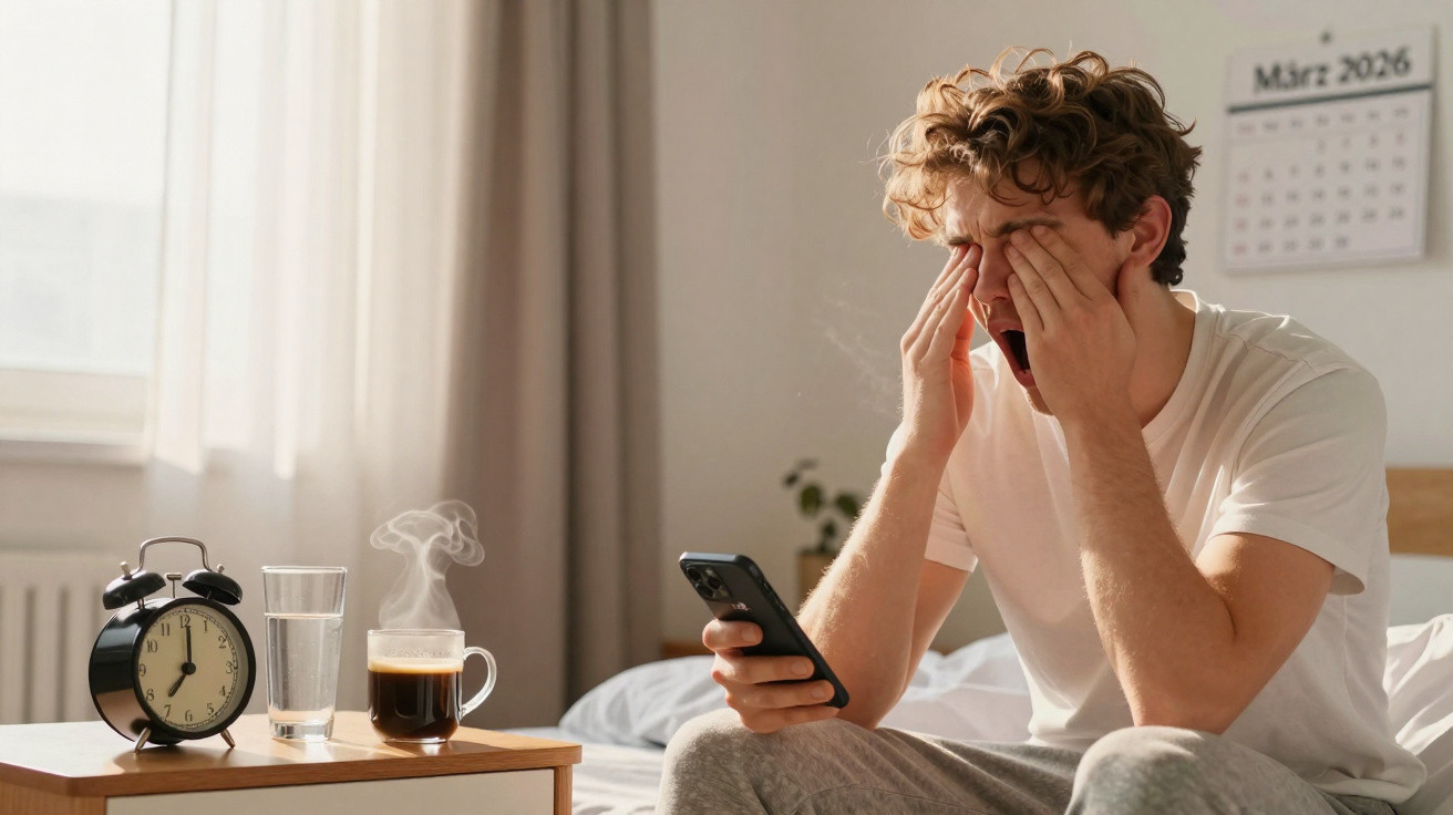 Homem cansado senta na cama, esfregando os olhos e segurando celular em quarto iluminado pela manhã.