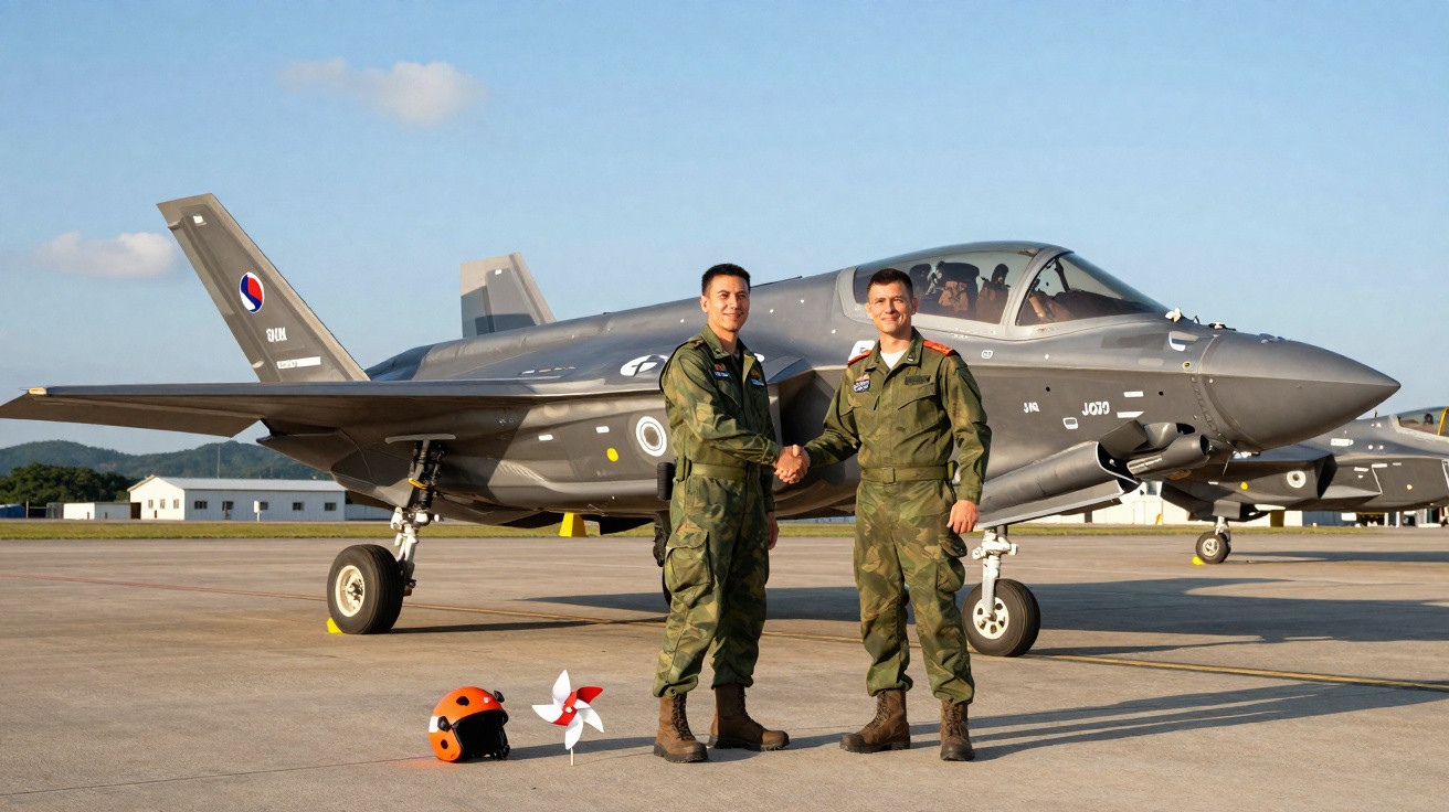 Dois militares em uniforme apertam as mãos em frente a um caça cinza estacionado em pista de aeroporto.