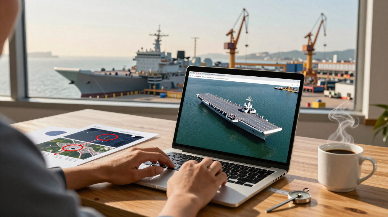 Pessoa trabalhando no laptop com imagem de porta-aviões na tela, navio e guindastes no porto ao fundo.
