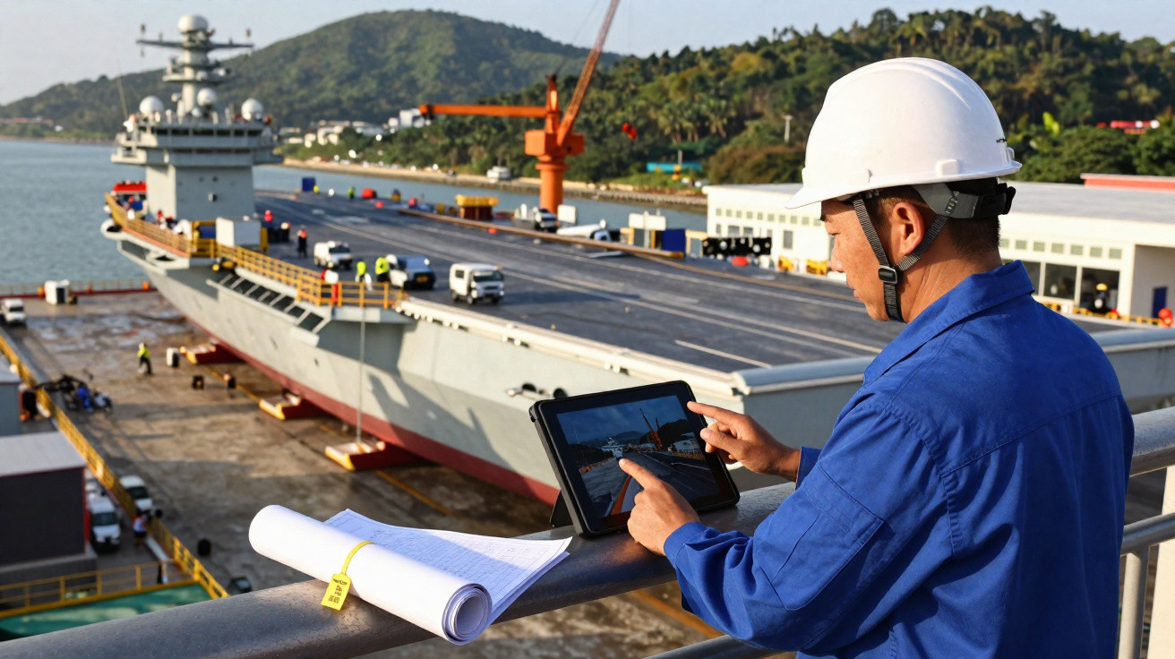 Homem de capacete branco usa tablet para inspecionar porta-aviões em estaleiro com planta baixa ao lado.