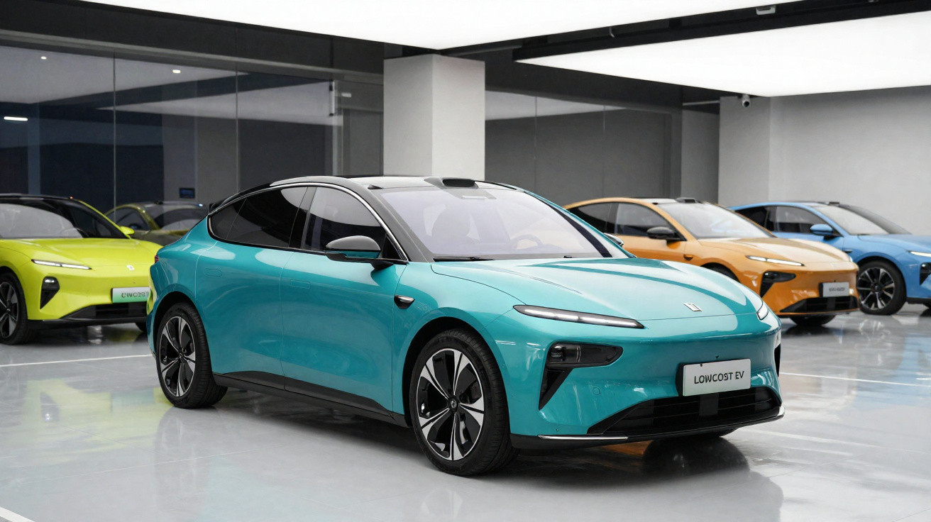 Carros elétricos modernos coloridos em exposição interna, destaque para modelo azul turquesa.