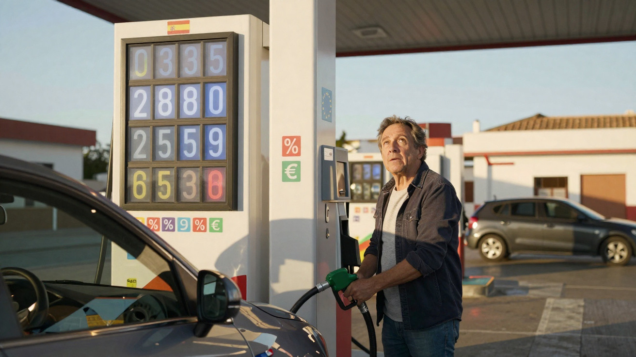 Homem abastecendo carro em posto de gasolina com preços visíveis ao fundo durante o dia.