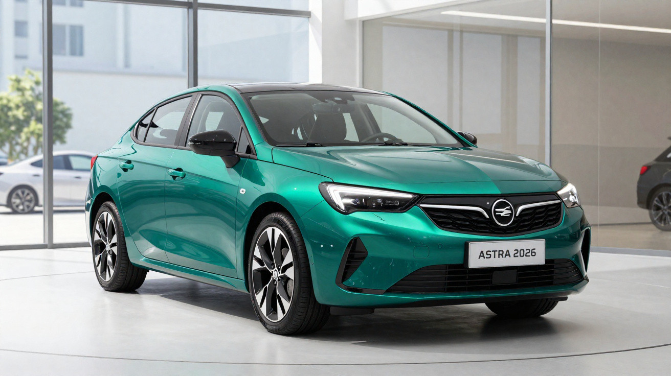 Carro verde Astra 2026 estacionado em showroom com teto solar e rodas esportivas.