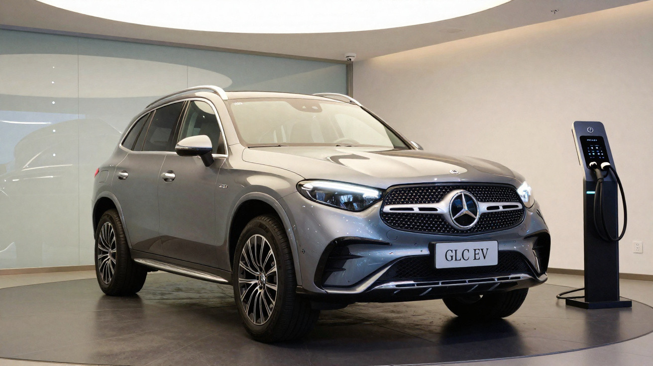Carro elétrico Mercedes-Benz GLC EV cinza em exposição, próximo a estação de recarga.