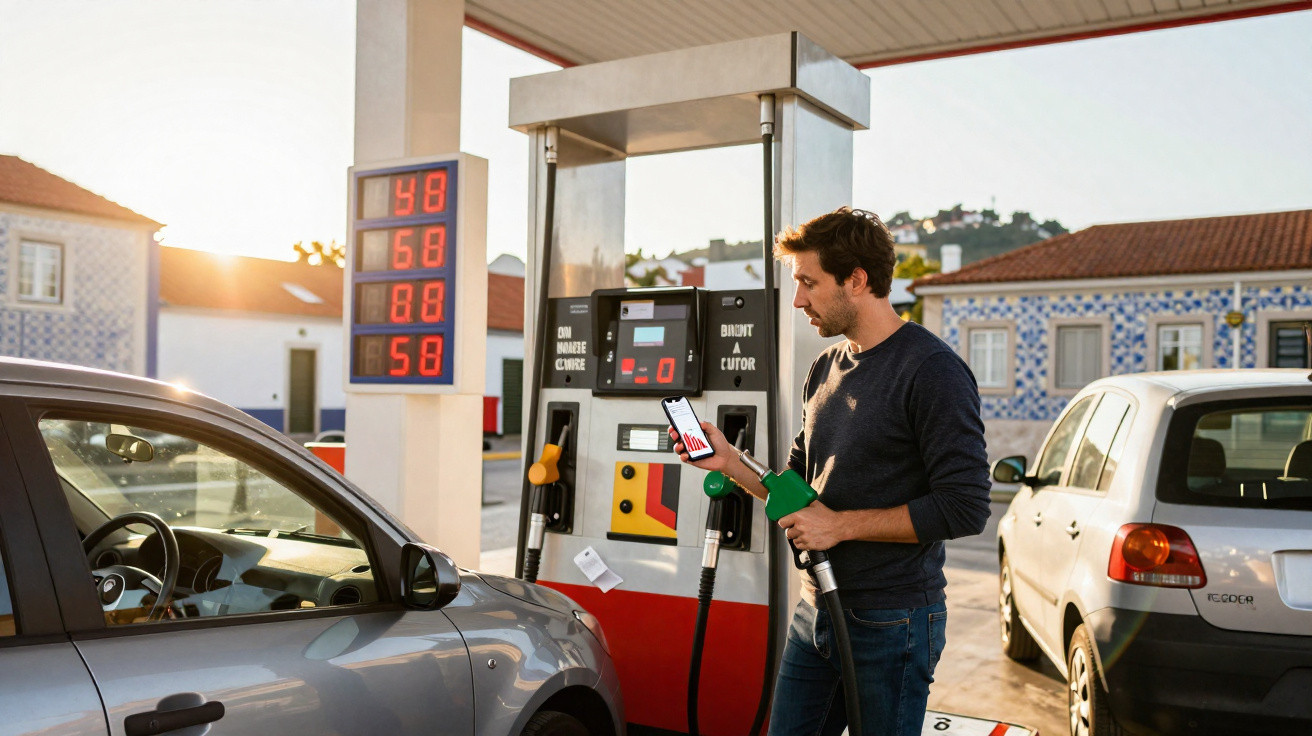 Homem abastecendo carro em posto de gasolina enquanto consulta celular ao pôr do sol.