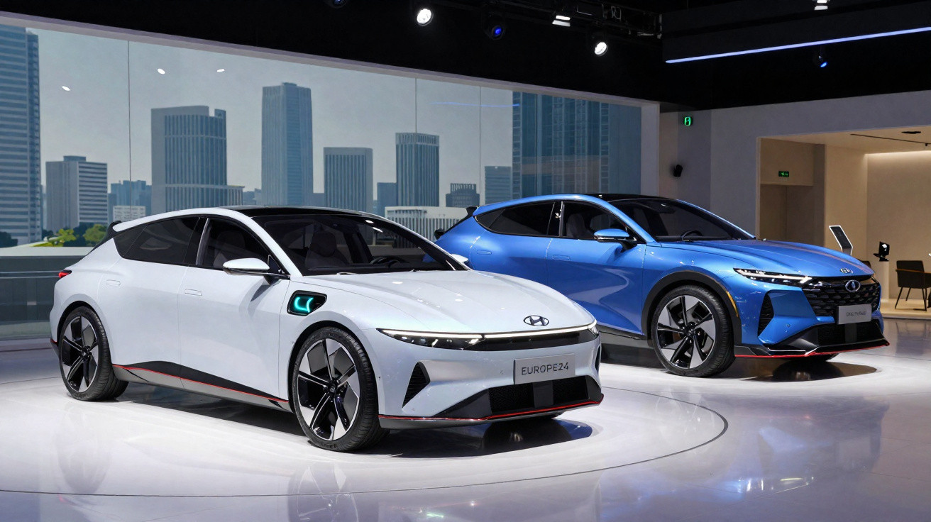 Dois carros modernos da Hyundai, um branco e outro azul, exibidos em ambiente interno com fundo urbano.