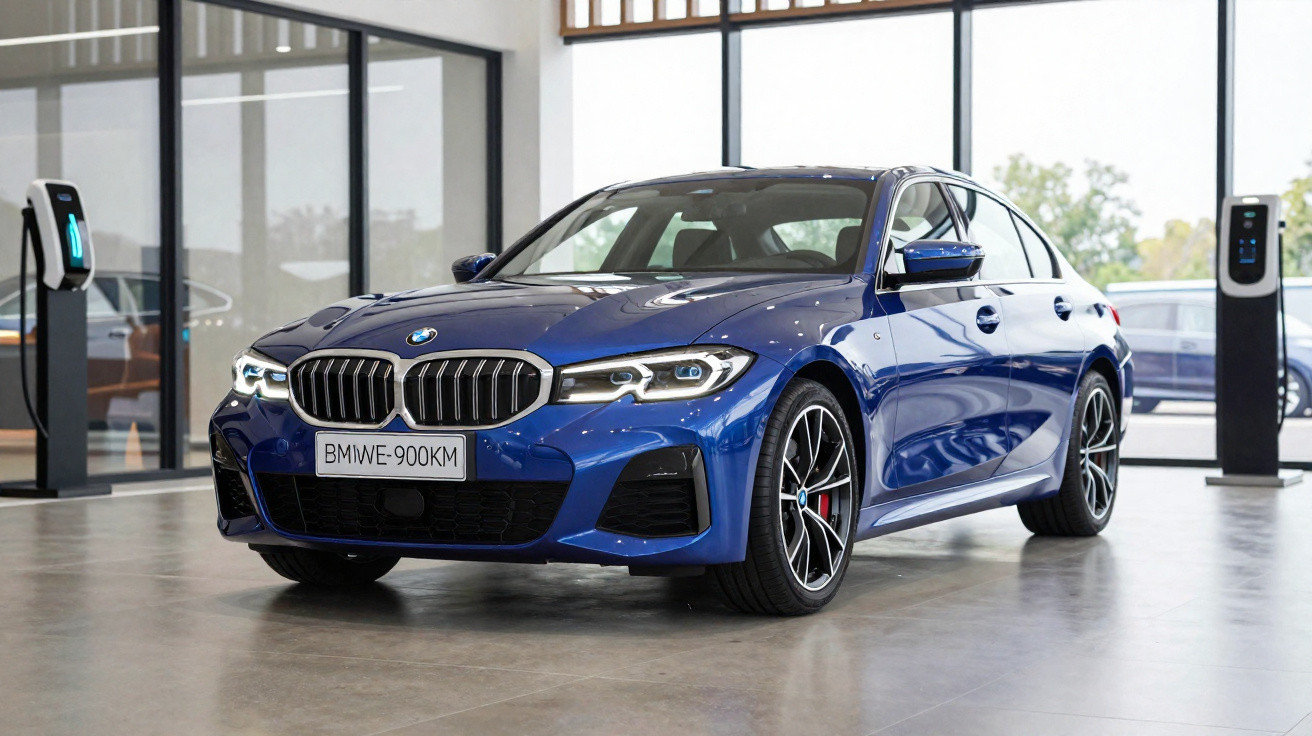 Carro BMW azul estacionado em salão moderno com paredes de vidro e carregadores elétricos.