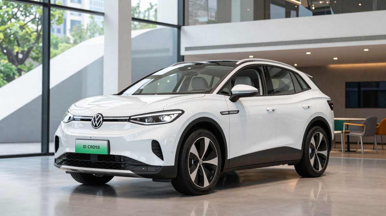 Carro elétrico Volkswagen ID. Cross branco em ambiente interno moderno e iluminado.