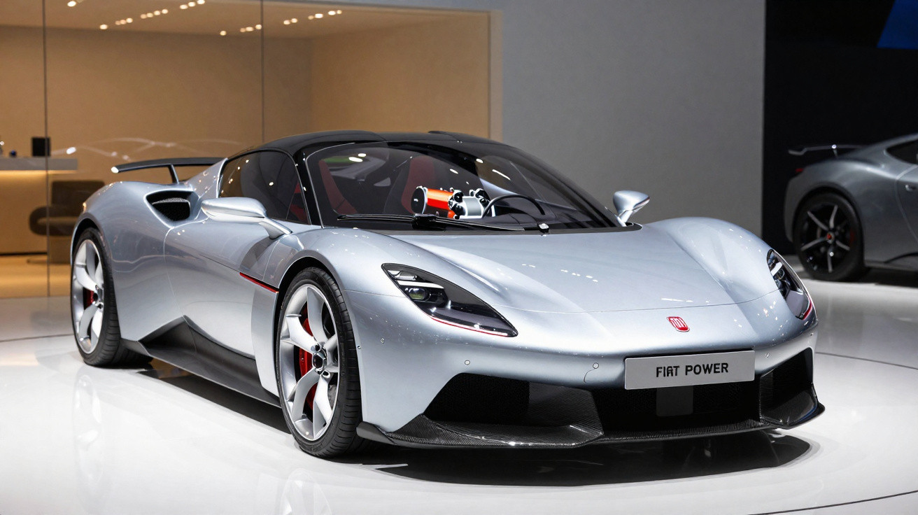 Carro esportivo prata Fiat Power com design aerodinâmico exibido em salão automotivo.