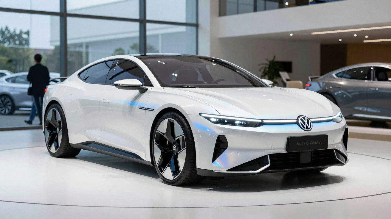 Carro elétrico branco Volkswagen ID. Aero exposto em showroom moderno com vidro e piso branco.