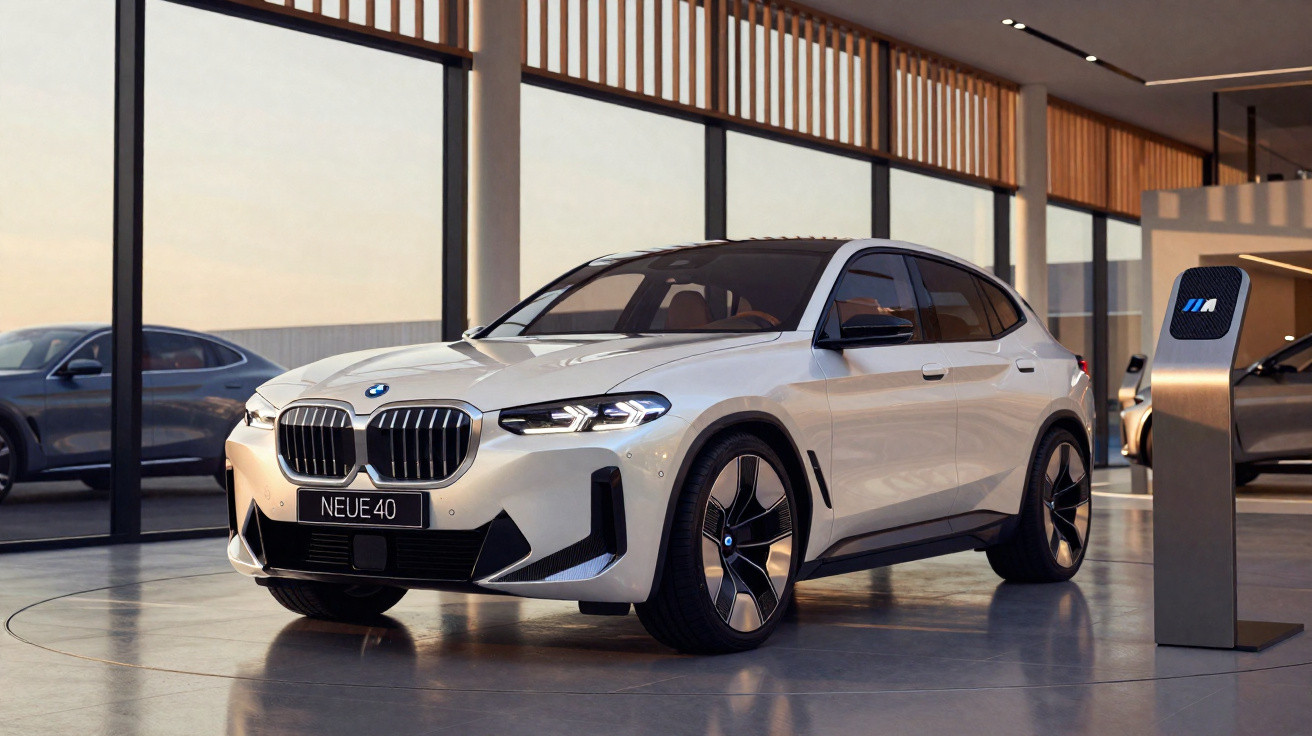 Carro BMW elétrico branco modelo Neue 40 em showroom moderno com iluminação natural.