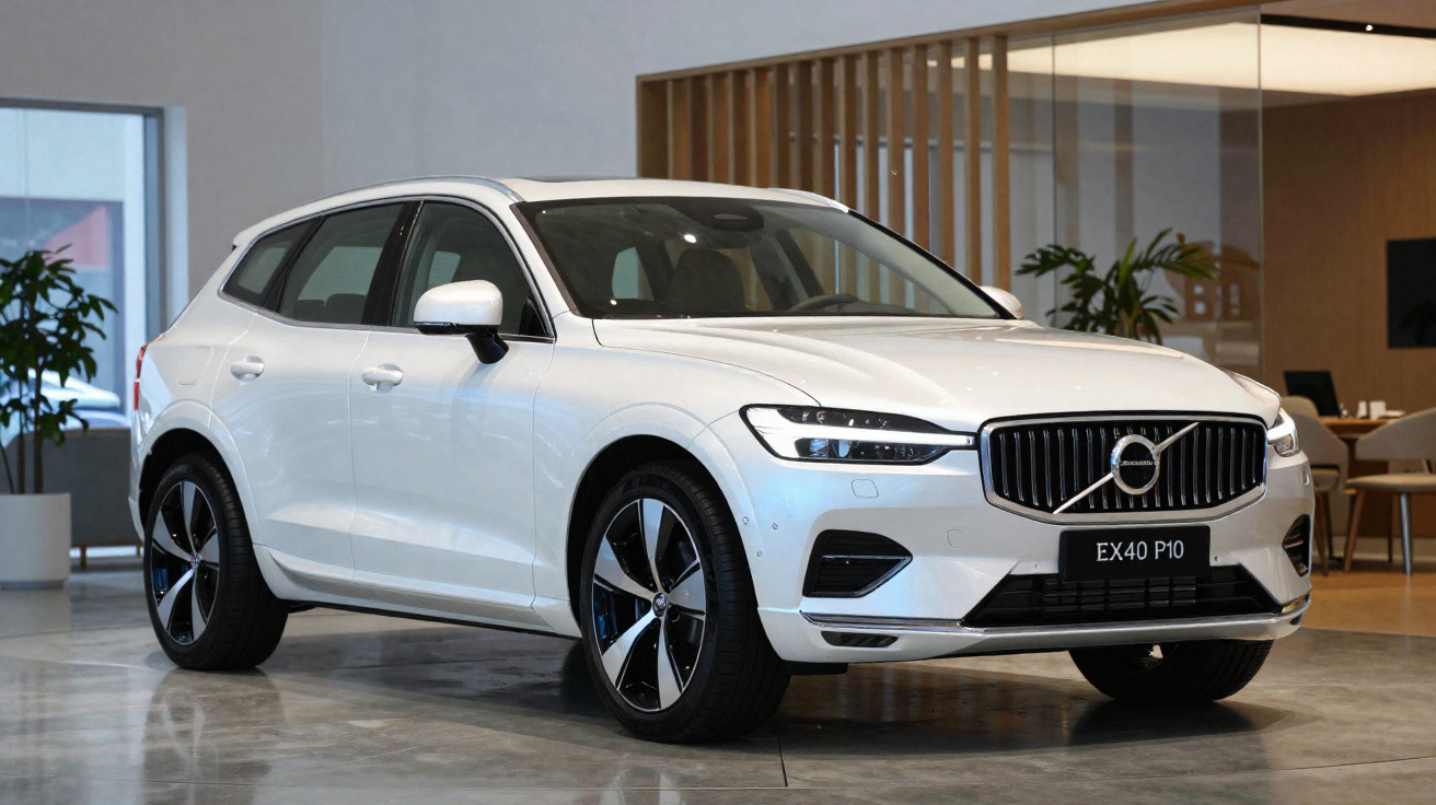 Carro Volvo XC40 branco estacionado em ambiente interno moderno com piso de concreto polido.