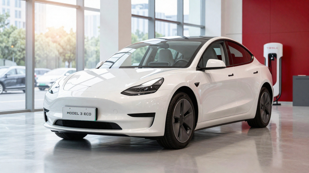 Carro elétrico Tesla Model 3 Eco branco em showroom com carregador ao fundo.