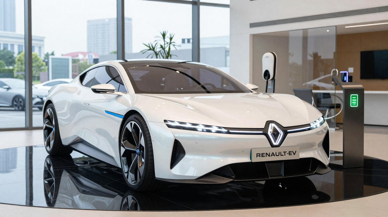 Carro elétrico branco Renault EV exposto em showroom moderno com estação de recarga ao lado.