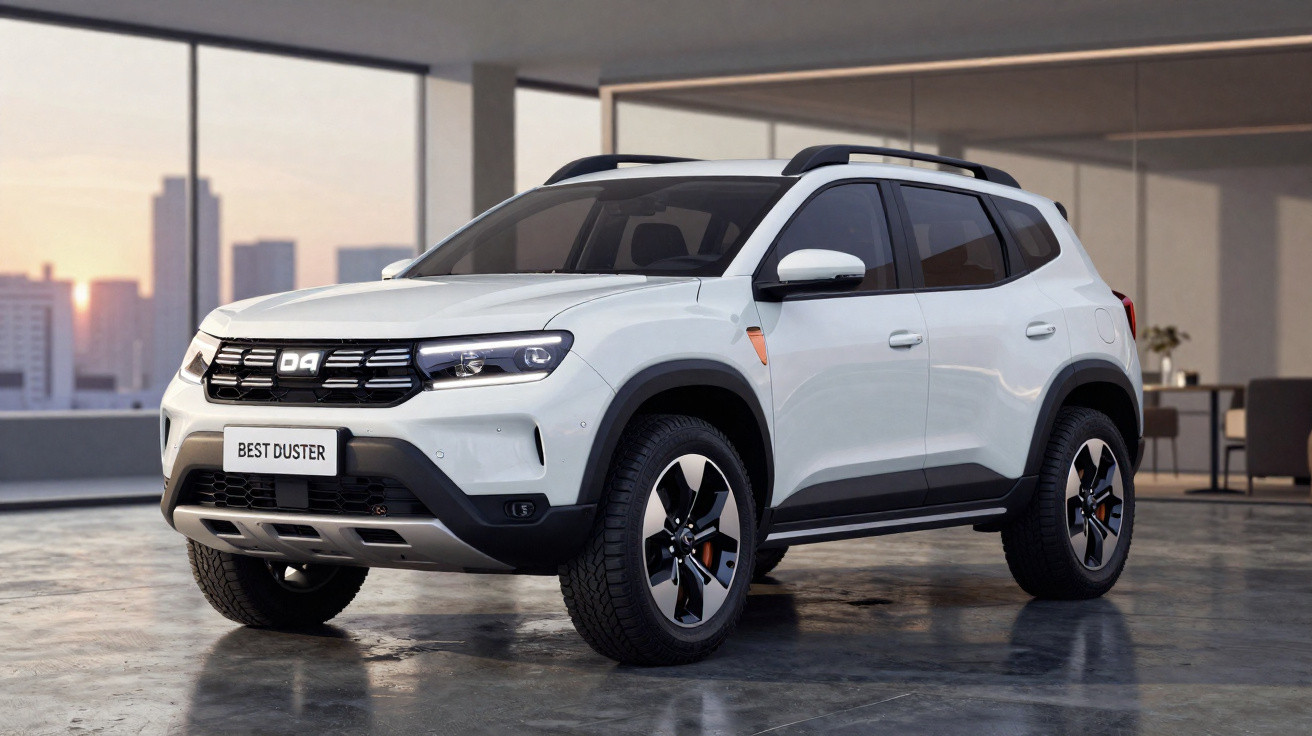 Carro SUV branco Dacia Duster Best Duster estacionado em ambiente interno moderno ao entardecer.