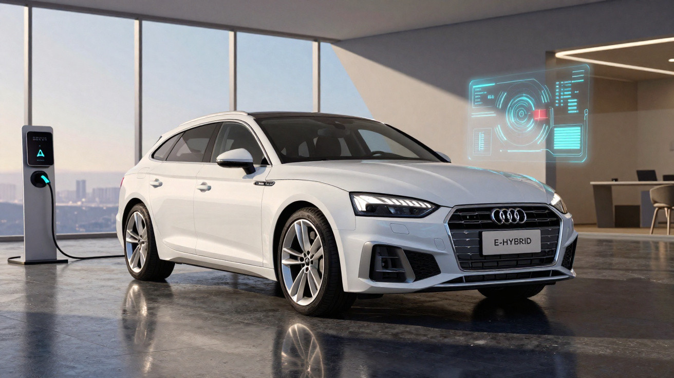 Carro branco Audi E-Hybrid estacionado em ambiente interno, conectado a carregador elétrico com interface digital flutuante.