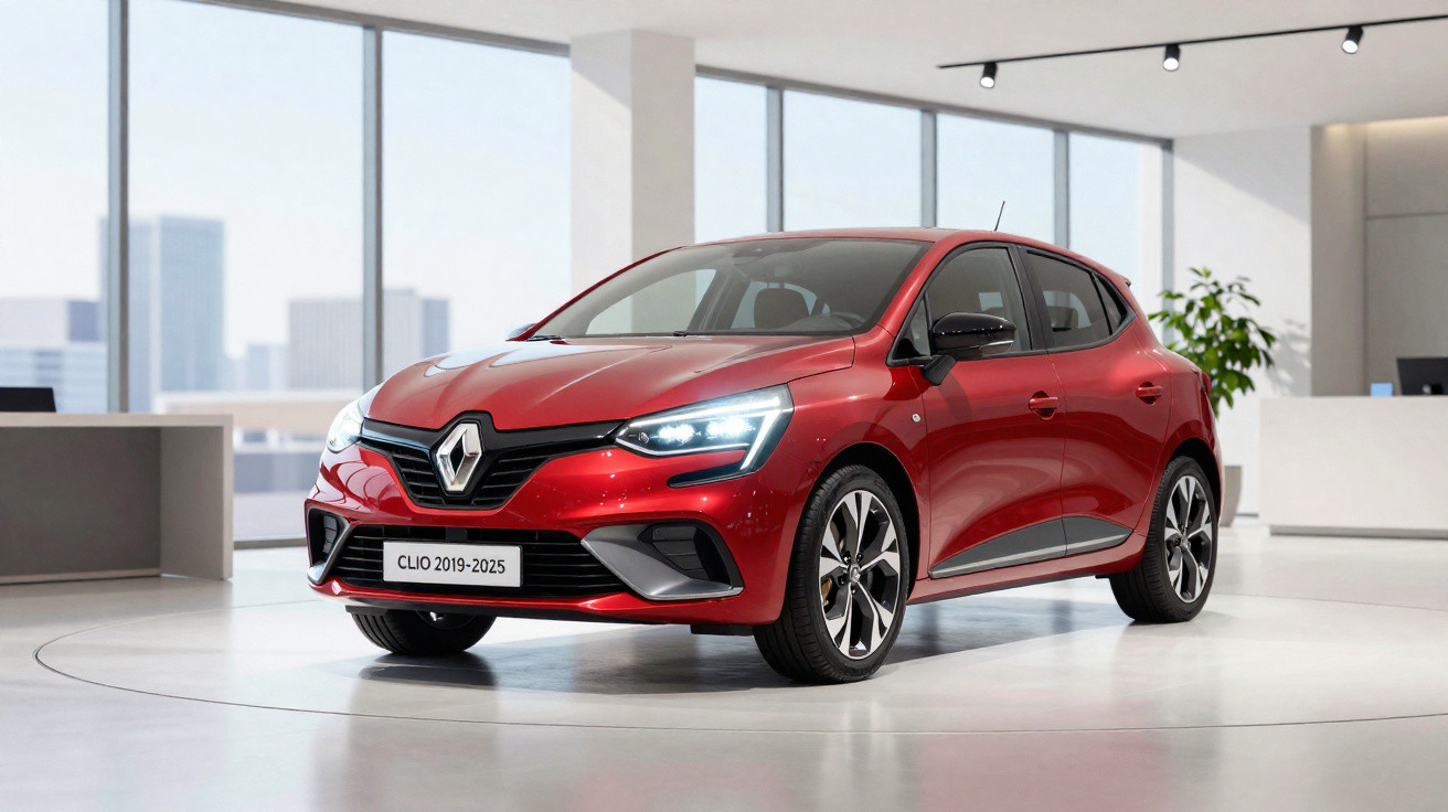 Carro Renault Clio vermelho 2019-2025 em exposição, com faróis acesos, em ambiente moderno e iluminado.