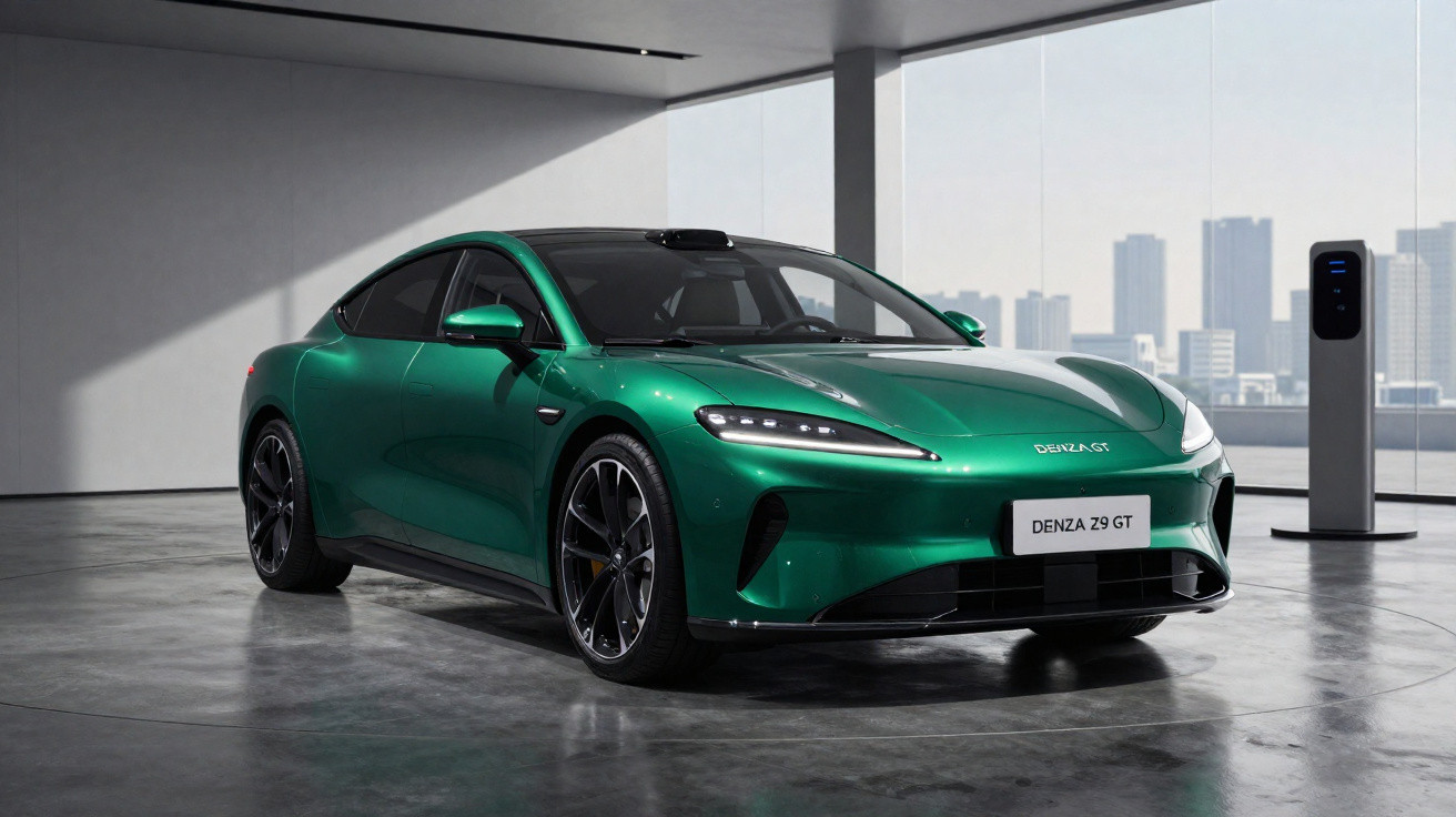 Carro elétrico esportivo verde Denza Z9 GT em ambiente interno com carregador ao fundo.