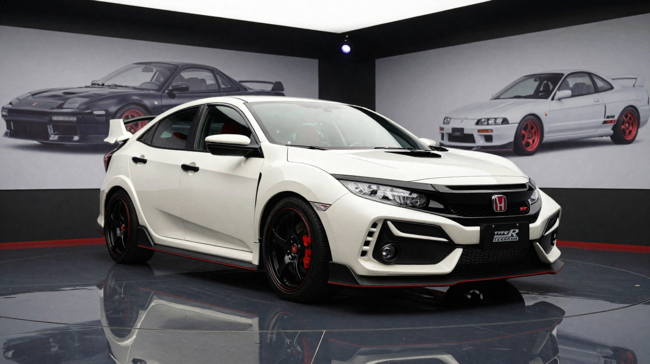 Carro esportivo Honda Civic Type R branco exibido em ambiente interno com fotos de carros esportivos ao fundo.