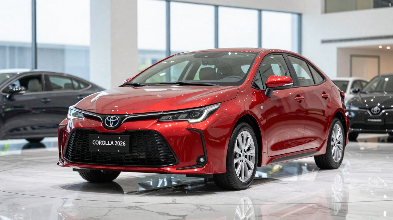 Carro vermelho Toyota Corolla 2026 em exposição dentro de concessionária com piso de mármore branco.