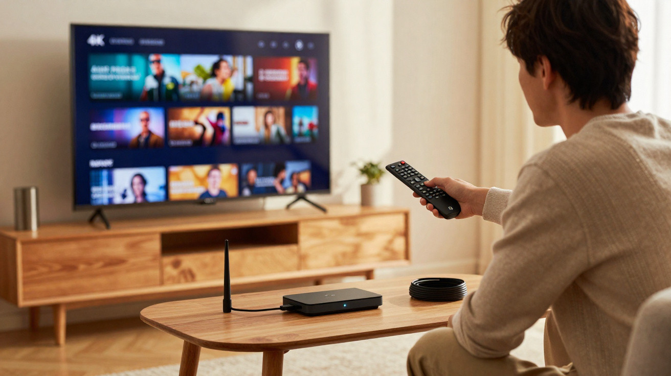 Pessoa usando controle remoto sentado em sofá assistindo TV com dispositivo de streaming em mesa de madeira.