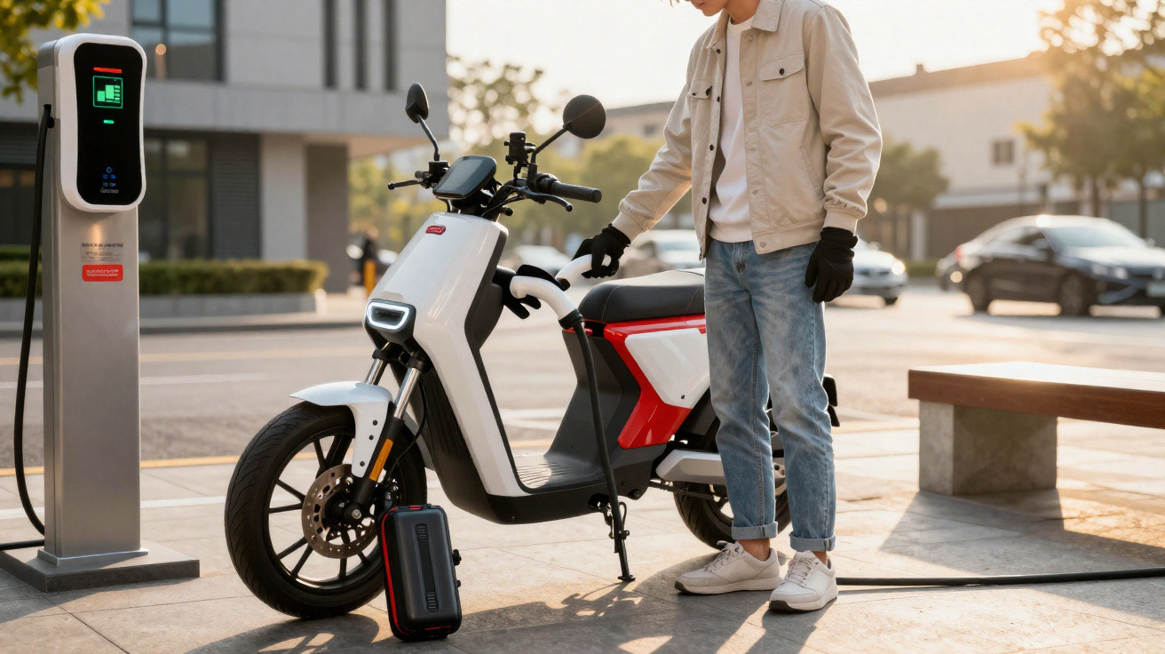 Pessoa carregando scooter elétrica branca em estação de recarga urbana ao ar livre ao entardecer.