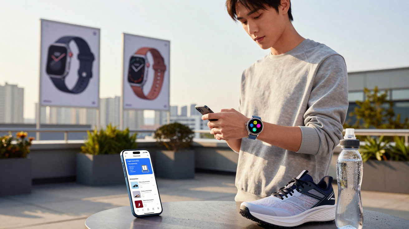 Homem usando smartwatch e segurando celular em área externa, com tênis e garrafa sobre mesa.