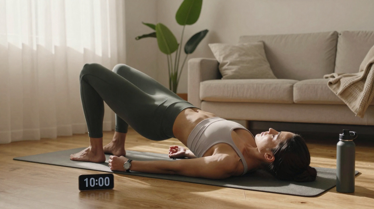 Mulher fazendo exercício de ponte no tapete de yoga em sala com sofá e planta ao fundo.