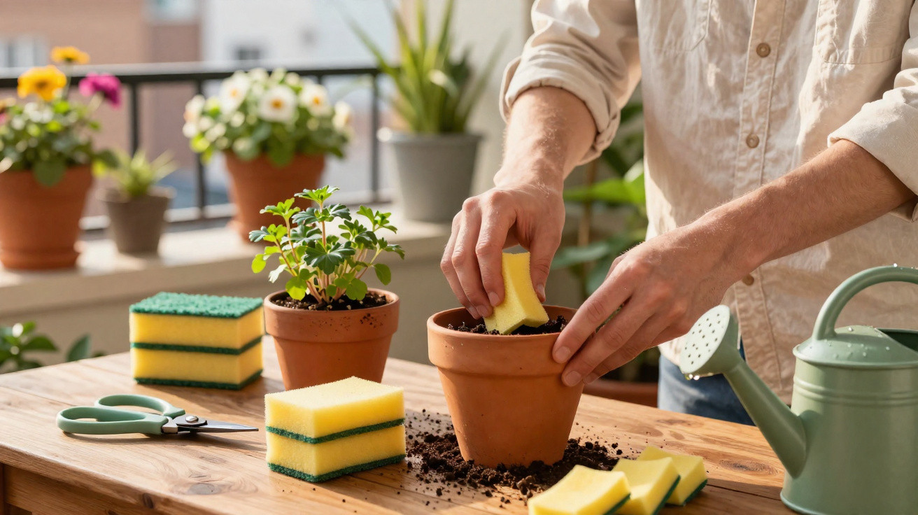 Pessoa plantando mudas em vaso de barro com esponjas e regador ao lado em área de varanda com plantas.