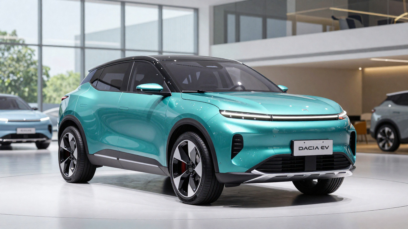 Carro elétrico Dacia EV verde moderno exibido em showroom com design aerodinâmico e acabamento preto no teto.