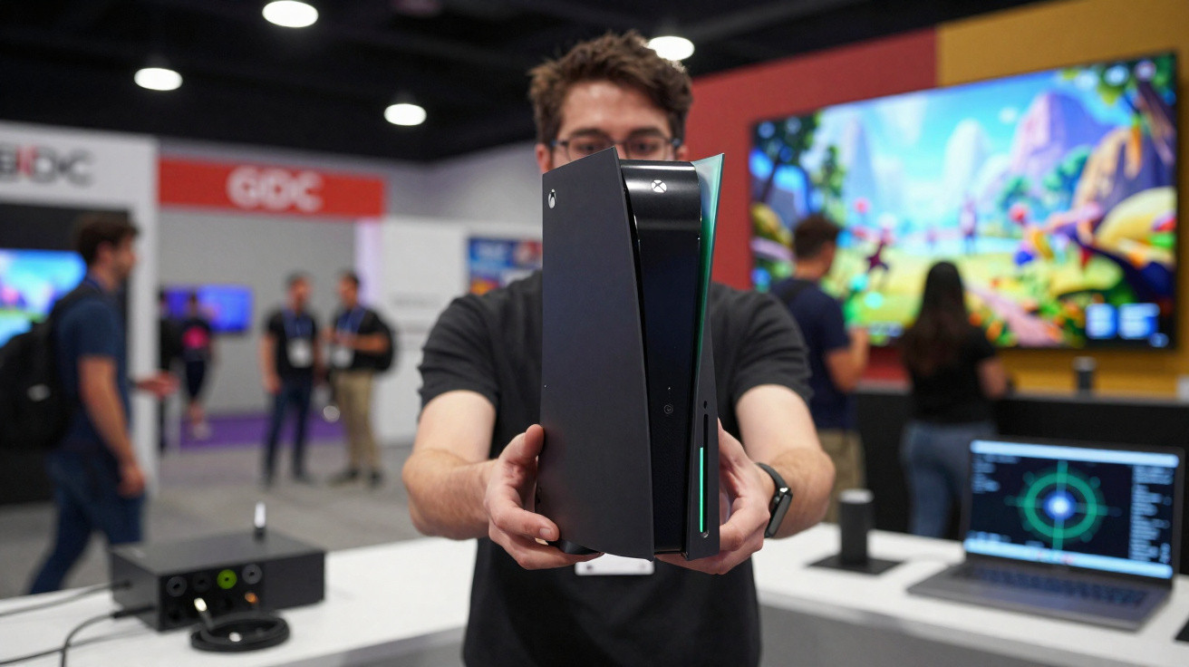 Pessoa segurando console PlayStation 5 em evento de tecnologia com pessoas e telas ao fundo.