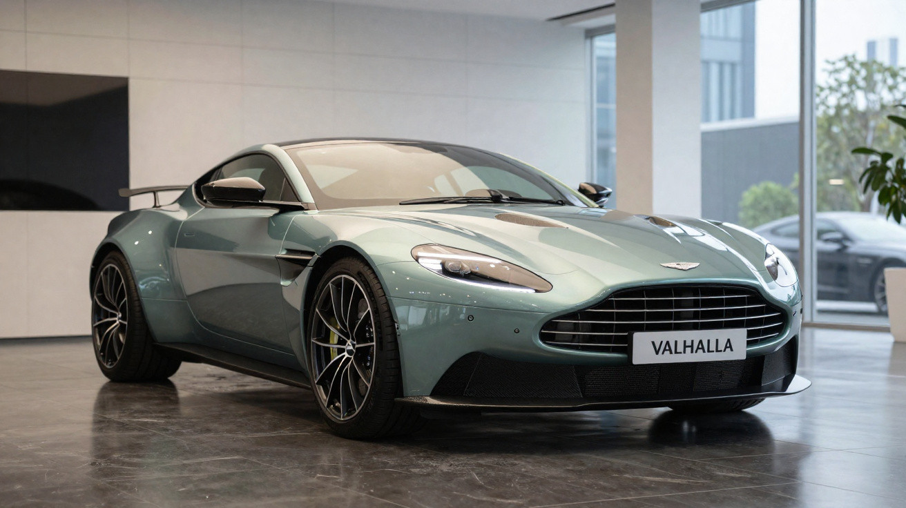 Carro esportivo Aston Martin Valhalla verde metálico em showroom moderno e iluminado.
