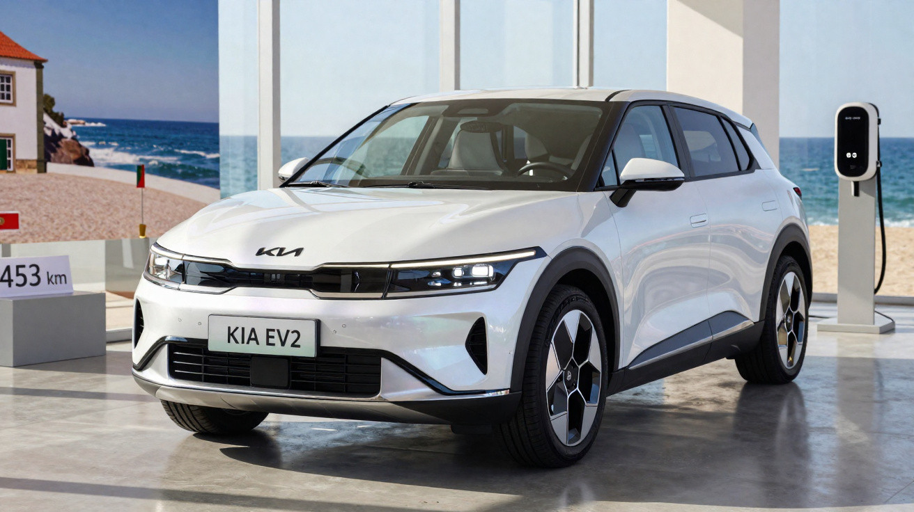 Carro elétrico branco Kia EV2 estacionado em espaço moderno com vista para o mar e estação de recarga.